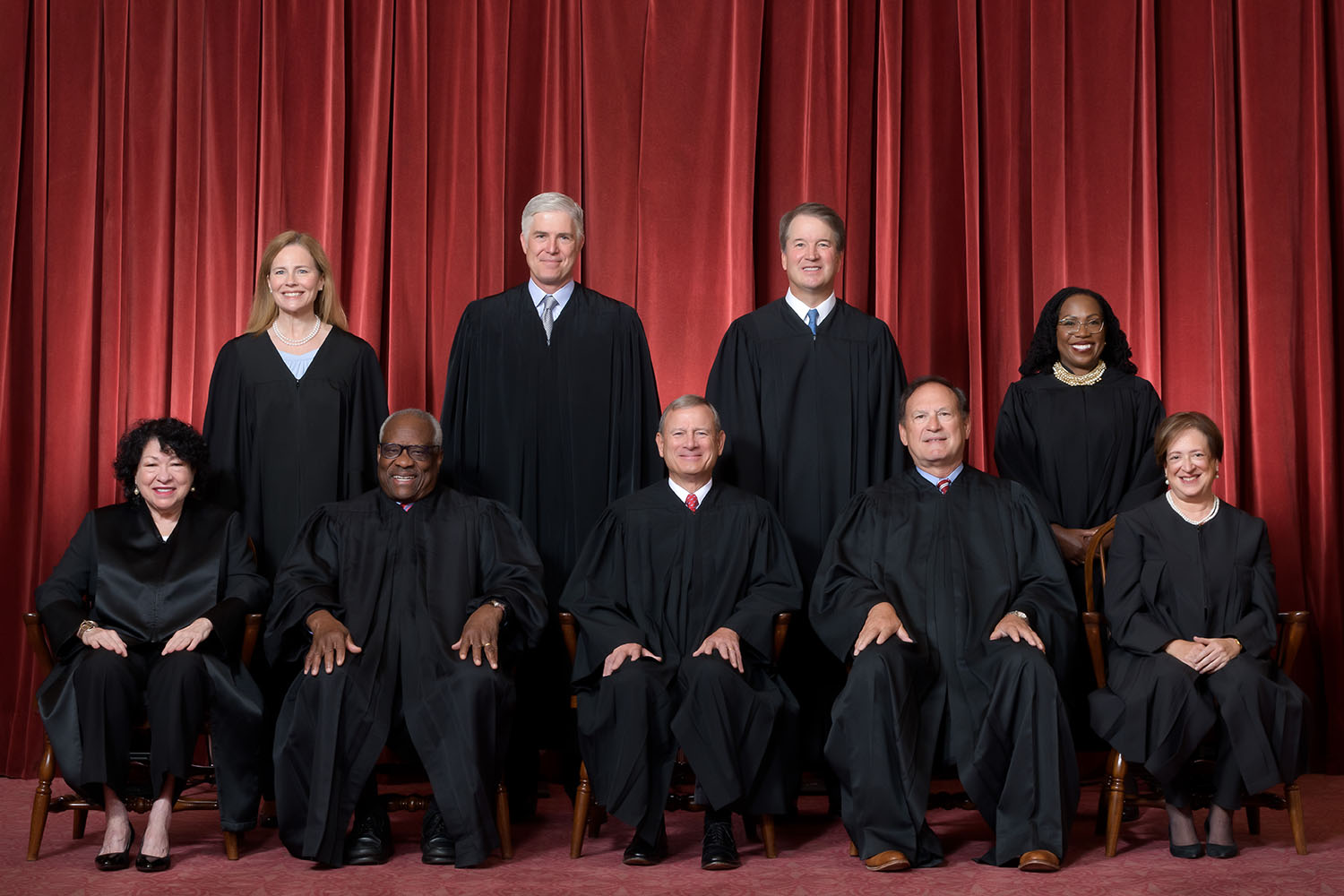 The Supreme Court as composed June 30, 2022 to present Front row, left to right: Associate Justice Sonia Sotomayor, Associate Justice Clarence Thomas, Chief Justice John G. Roberts, Jr., Associate Justice Samuel A. Alito, Jr., and Associate Justice Elena Kagan.  Back row, left to right: Associate Justice Amy Coney Barrett, Associate Justice Neil M. Gorsuch, Associate Justice Brett M. Kavanaugh, and Associate Justice Ketanji Brown Jackson.  Credit: Fred Schilling, Collection of the Supreme Court of the United States